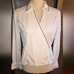 Ann Taylor LOFT Elegant White Wrap Top Black Stitching Like New Large Petite